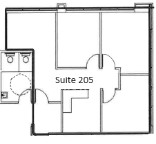 a floor plan of a room with a suite 205
